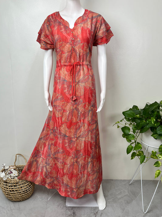 Orange Floral Printed Frock Style Alpine Nighty
