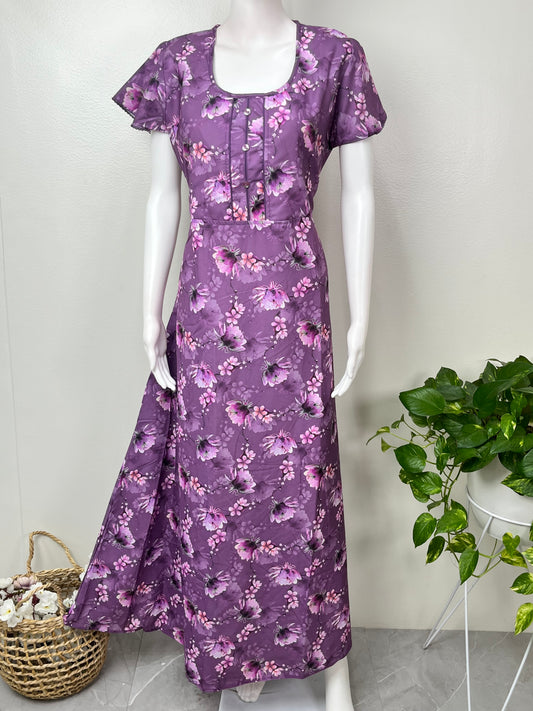 Purple Floral Printed Umbrella Style Nighty