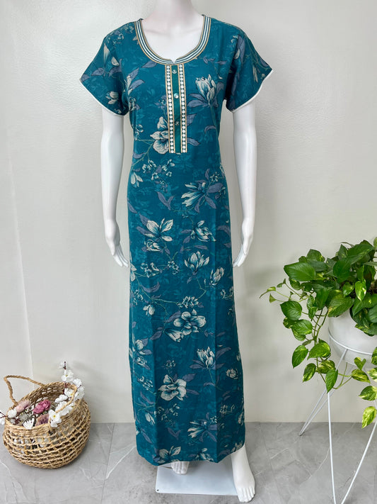 Teal Blue Floral Printed Alpine Nightgown for Women