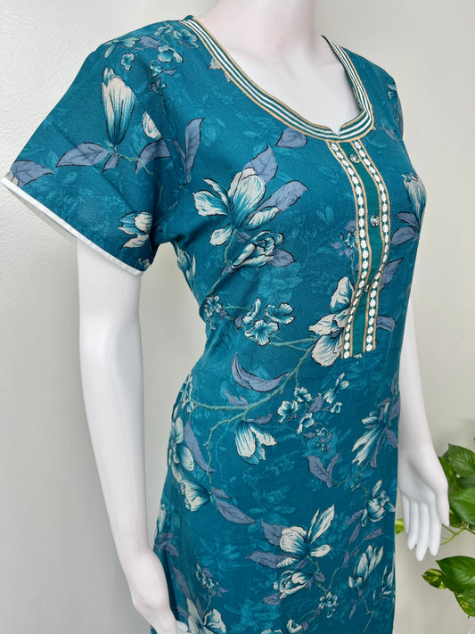 Teal Blue Floral Printed Alpine Nightgown for Women