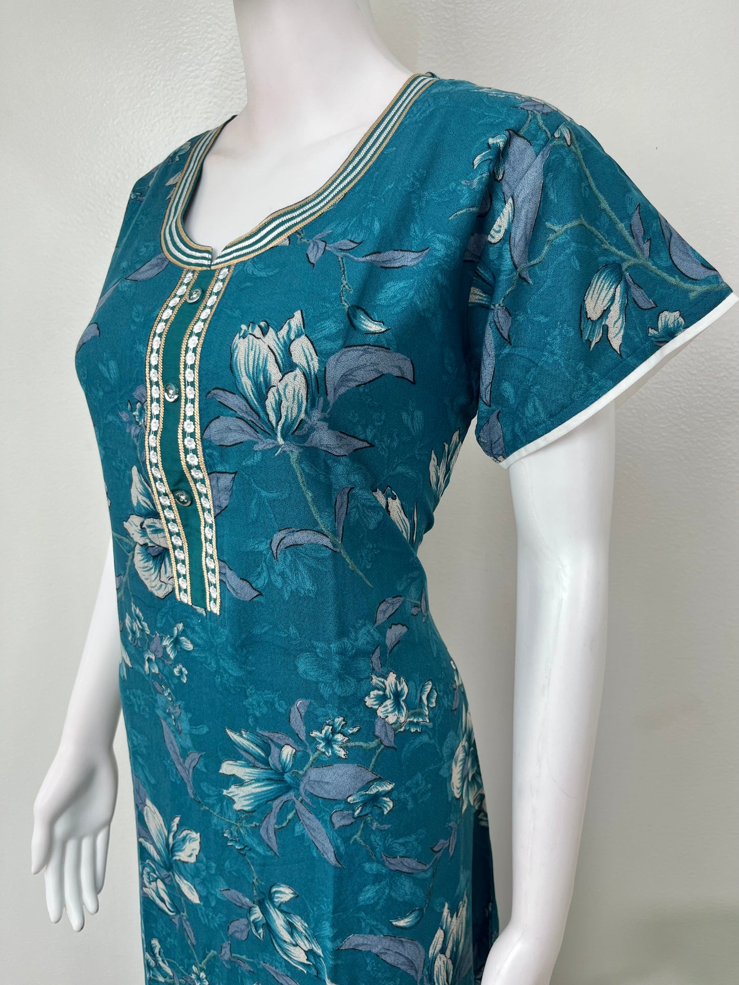 Teal Blue Floral Printed Alpine Nightgown for Women
