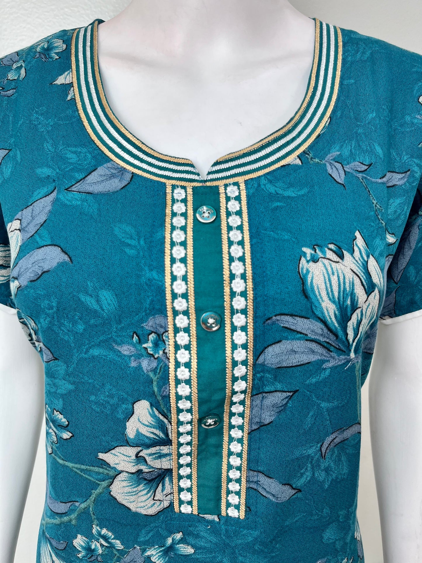 Teal Blue Floral Printed Alpine Nightgown for Women