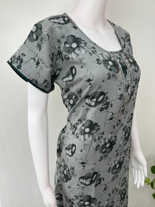 Bottle Green Floral Printed Alpine Fabric Nighty