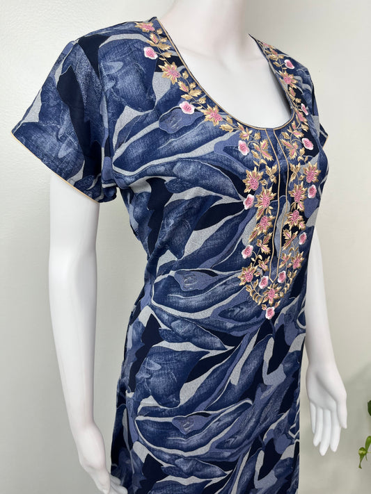 Navy Blue Embroidered Alpine Fabric Nighty