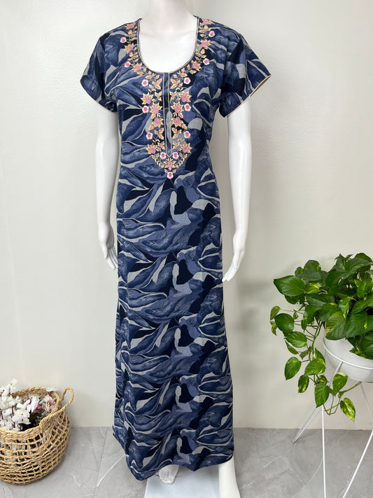 Navy Blue Embroidered Alpine Fabric Nighty