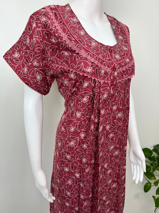 Maroon Pleated Style Alpine Nightgown for Women