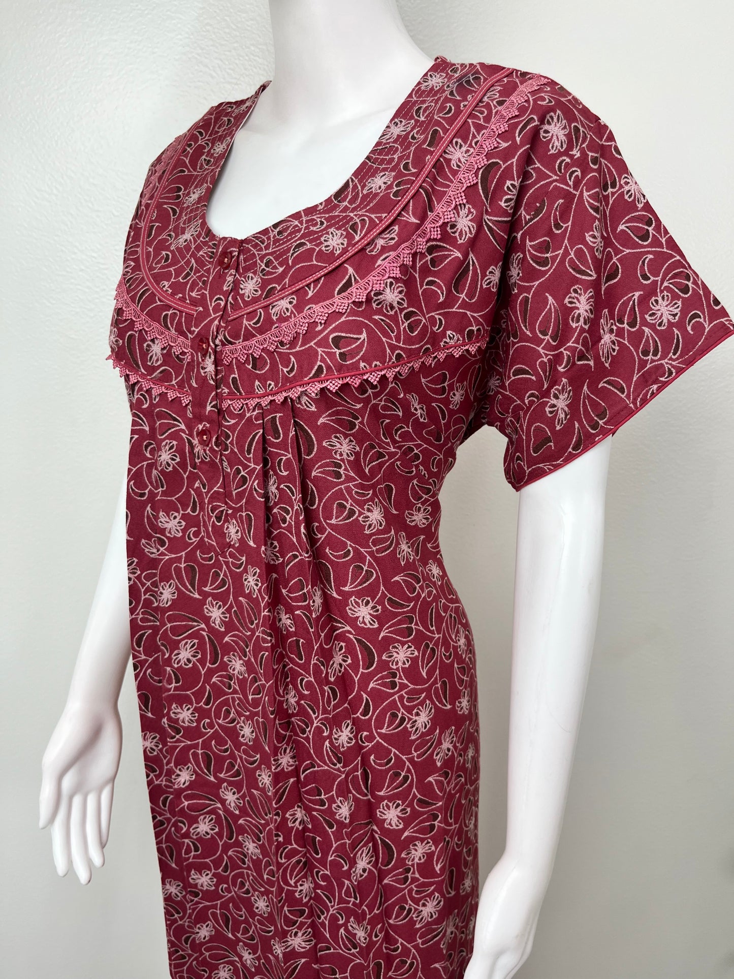 Maroon Pleated Style Alpine Nightgown for Women