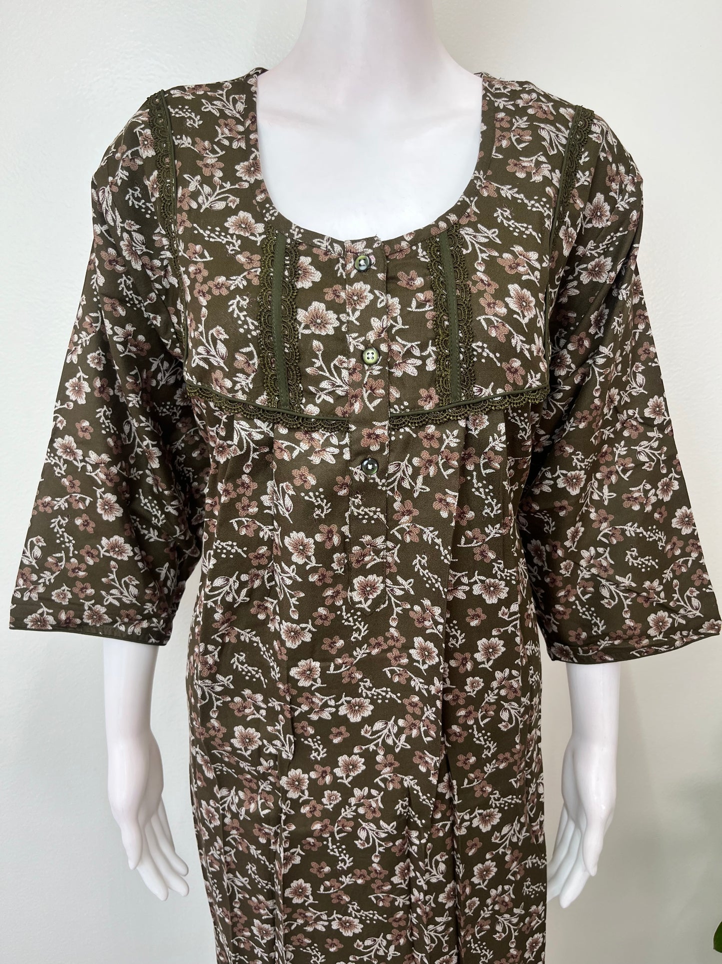 Olive Green Alpine Fabric Nighty 3/4th Sleeves