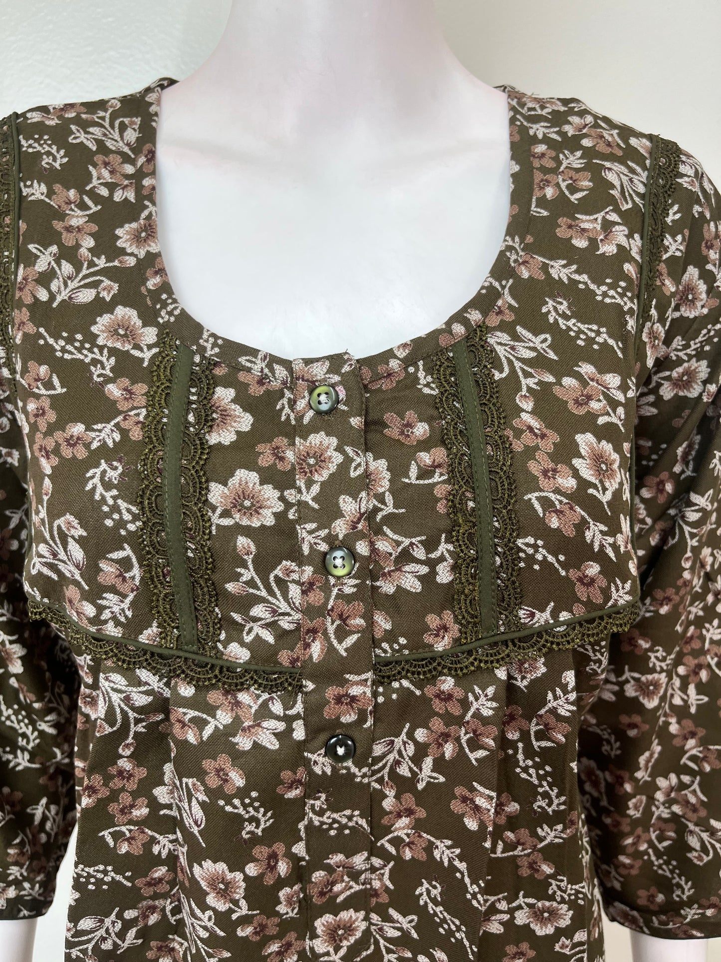 Olive Green Alpine Fabric Nighty 3/4th Sleeves