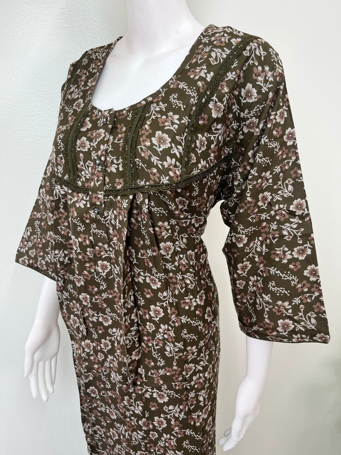 Olive Green Alpine Fabric Nighty 3/4th Sleeves