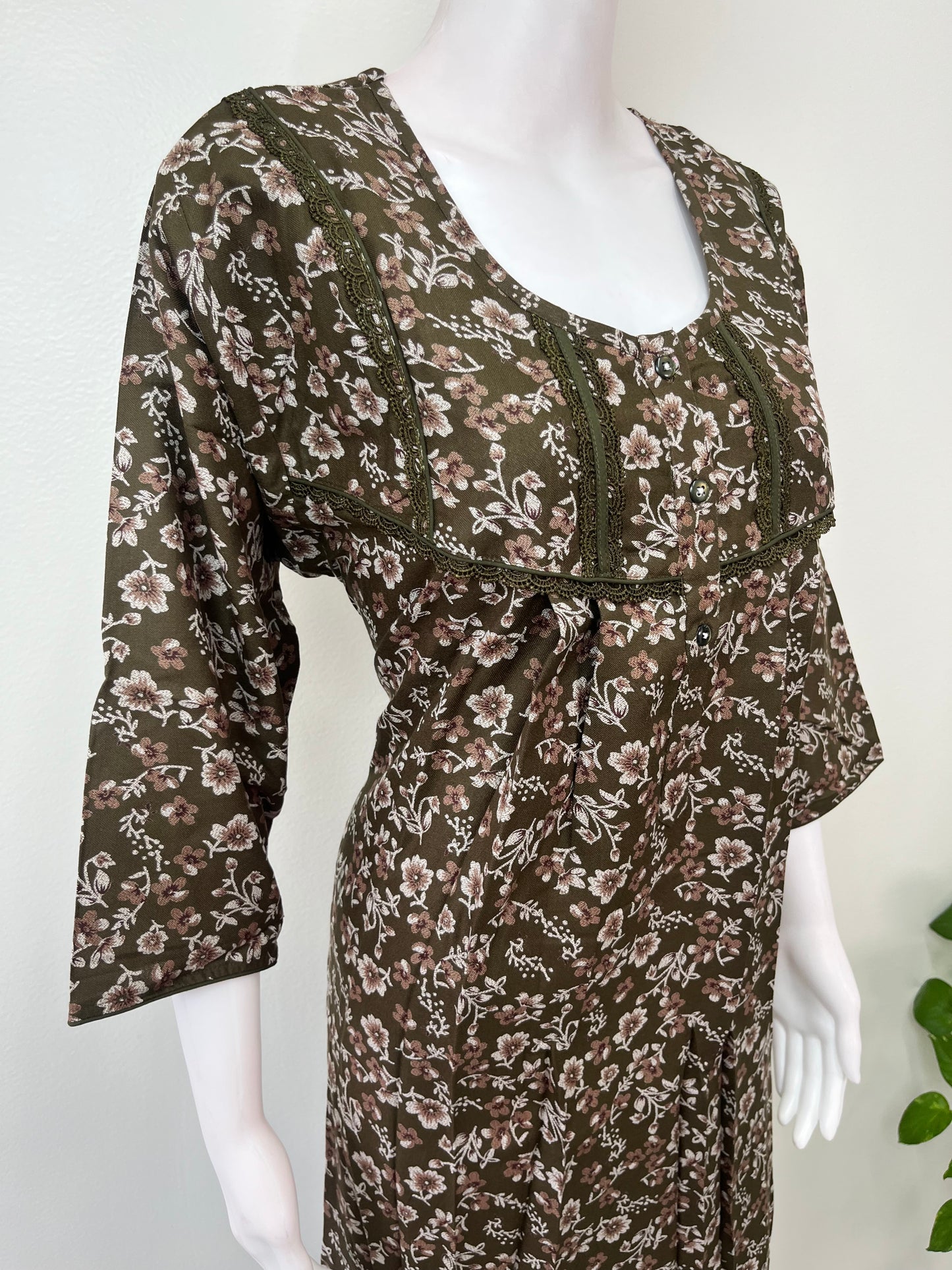 Olive Green Alpine Fabric Nighty 3/4th Sleeves