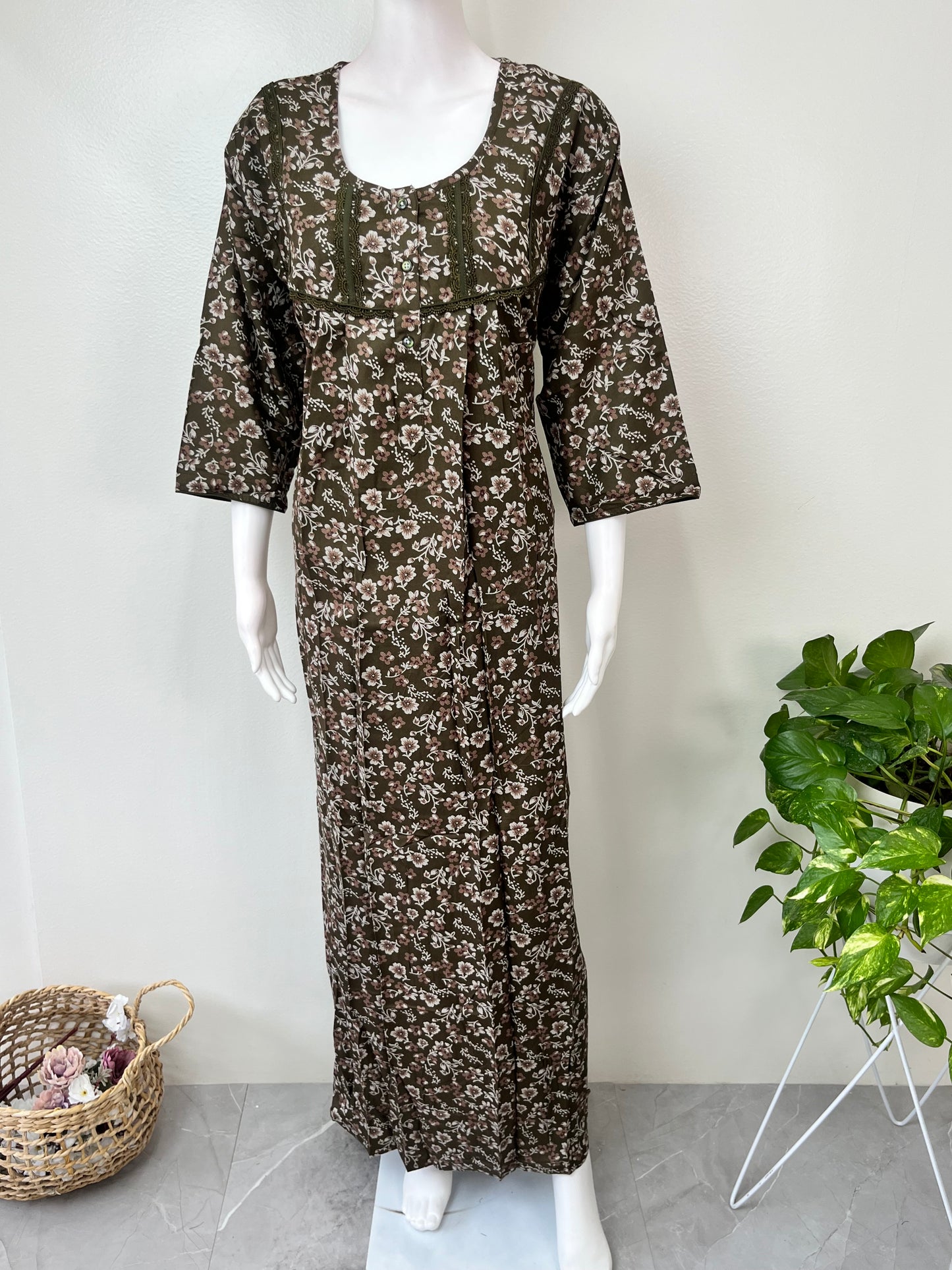 Olive Green Alpine Fabric Nighty 3/4th Sleeves