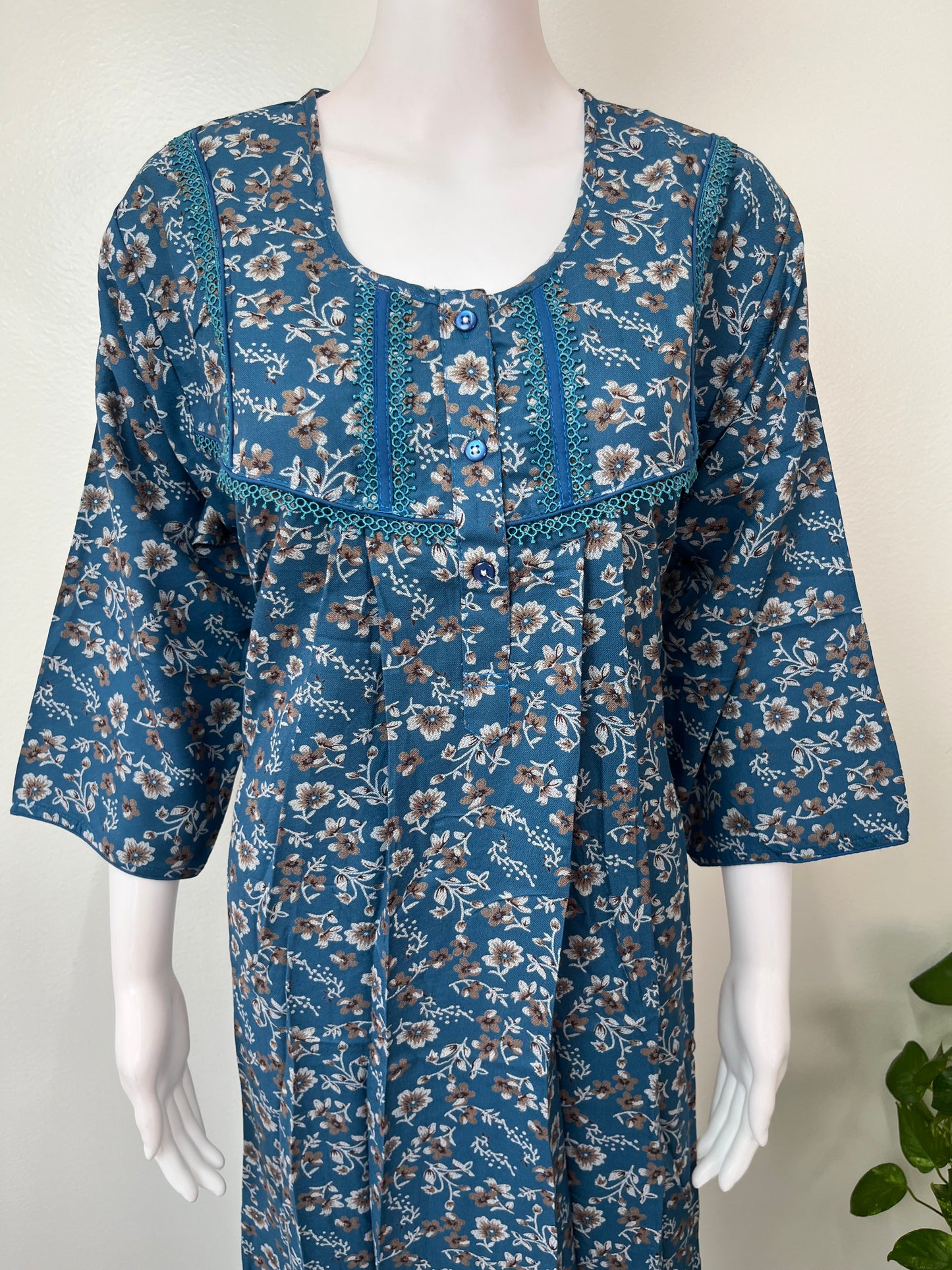 Blue Alpine Fabric Nightgown with 3/4th Sleeves