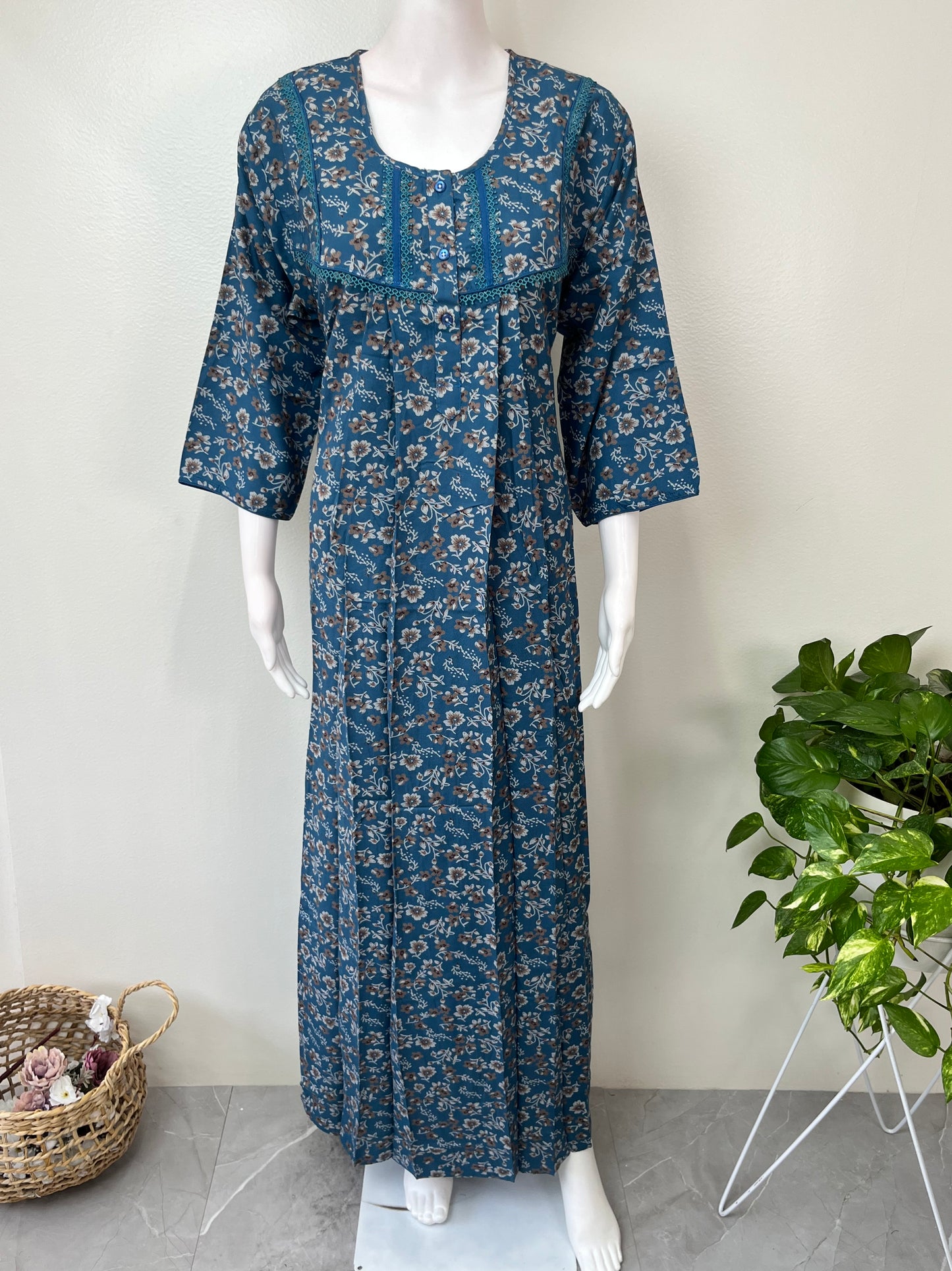 Blue Alpine Fabric Nightgown with 3/4th Sleeves