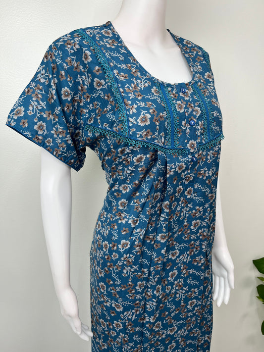 Blue Floral Printed Alpine Fabric Nightgown