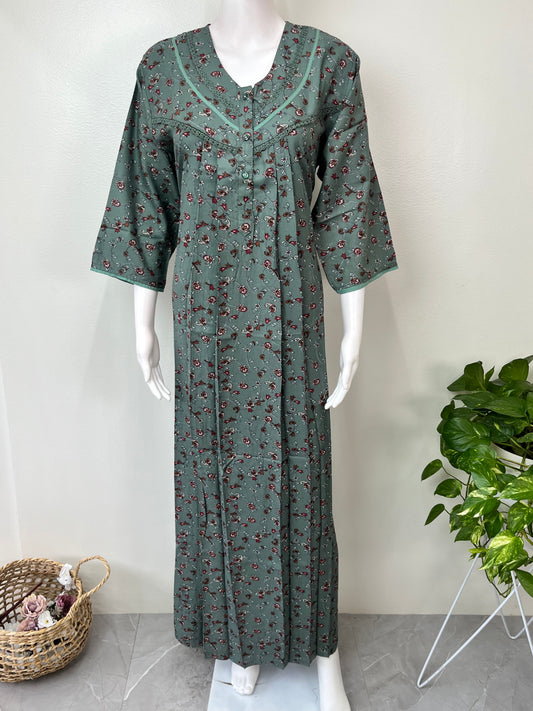 Green Floral Alpine Fabric 3/4th Sleeves Nightgown