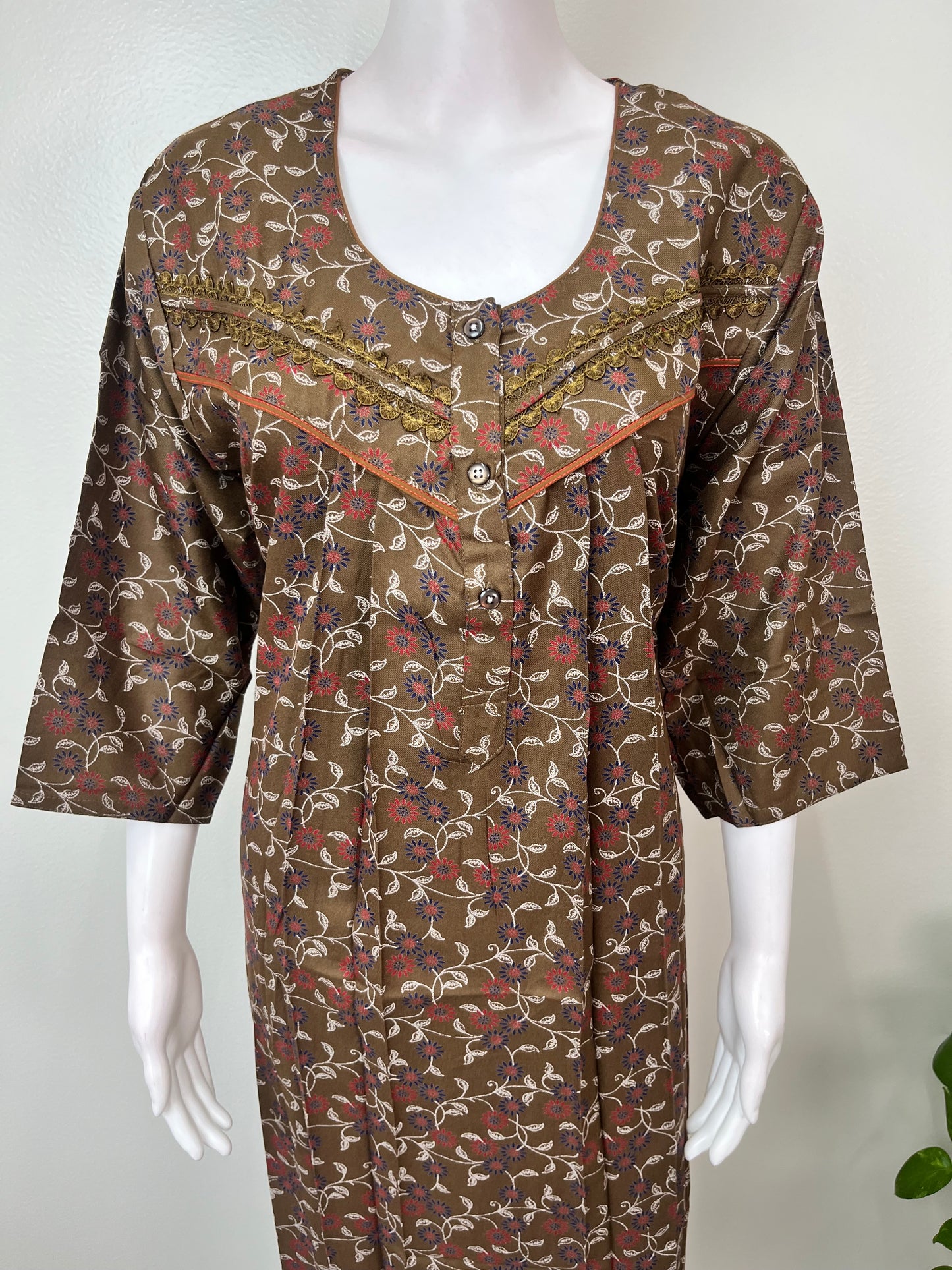 Olive Green Alpine Fabric 3/4th Sleeves Nighty