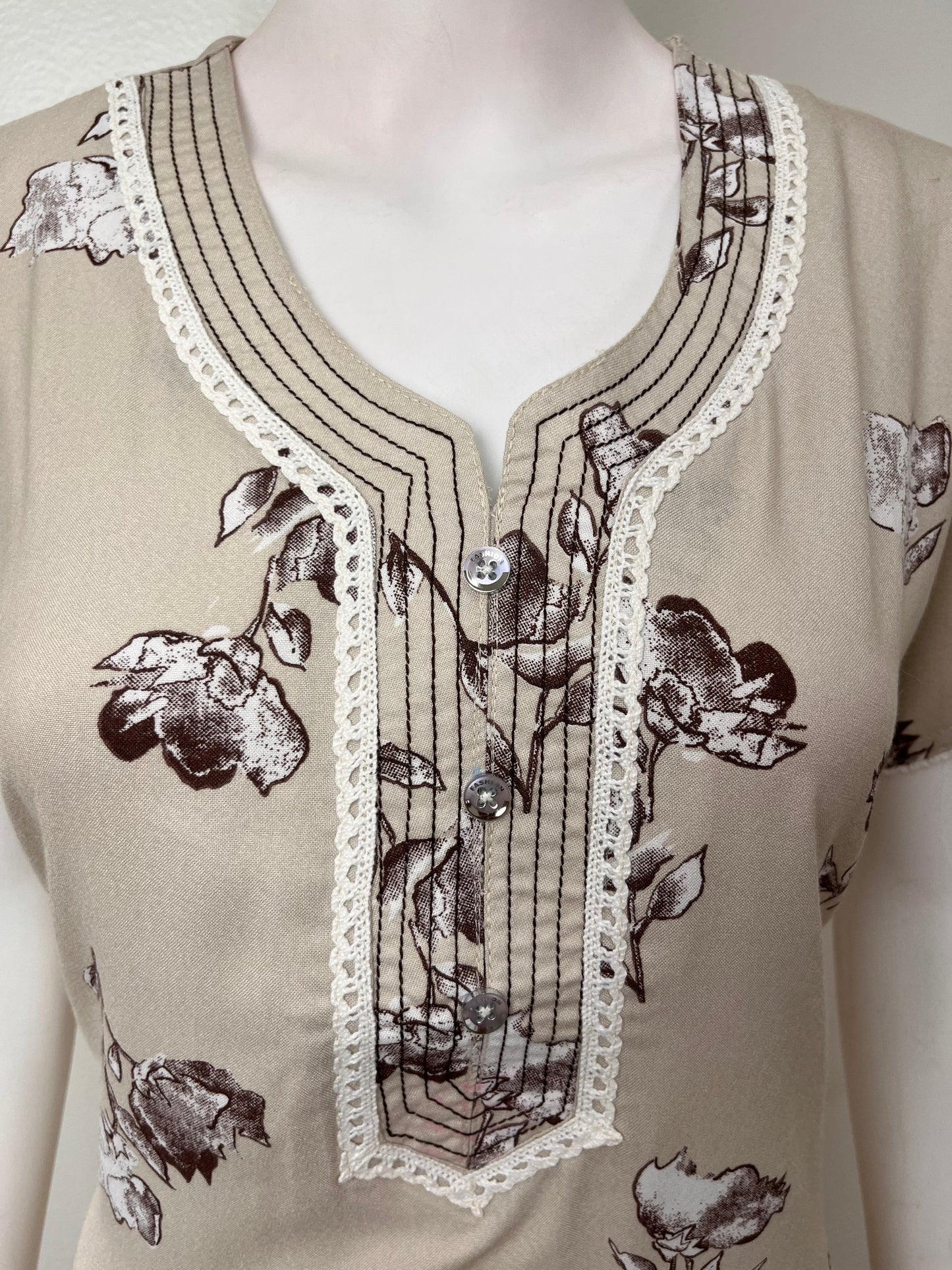 Beige Floral Printed Alpine Fabric Nighty