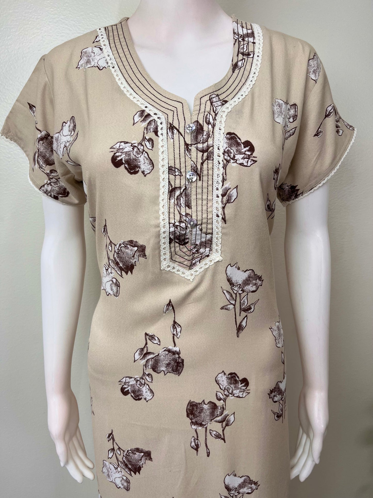 Beige Floral Printed Alpine Fabric Nighty
