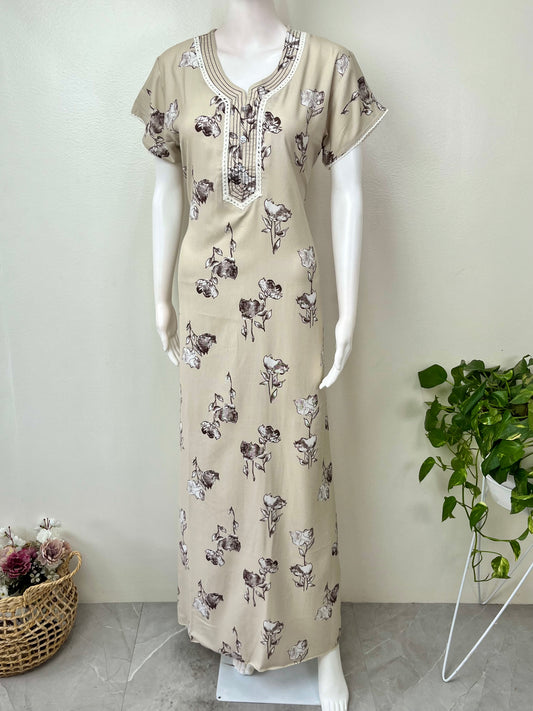 Beige Floral Printed Alpine Fabric Nighty