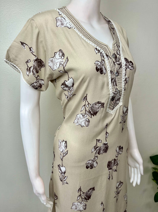 Beige Floral Printed Alpine Fabric Nighty