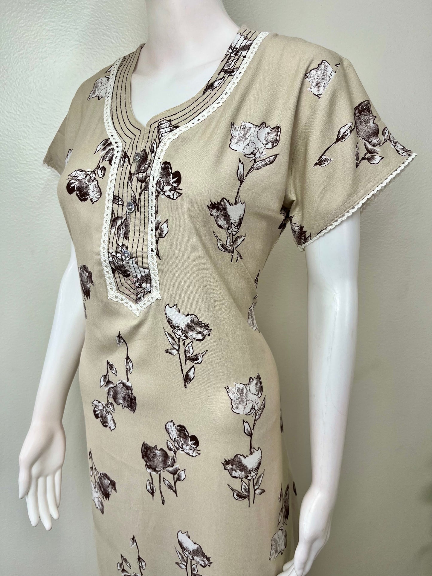 Beige Floral Printed Alpine Fabric Nighty