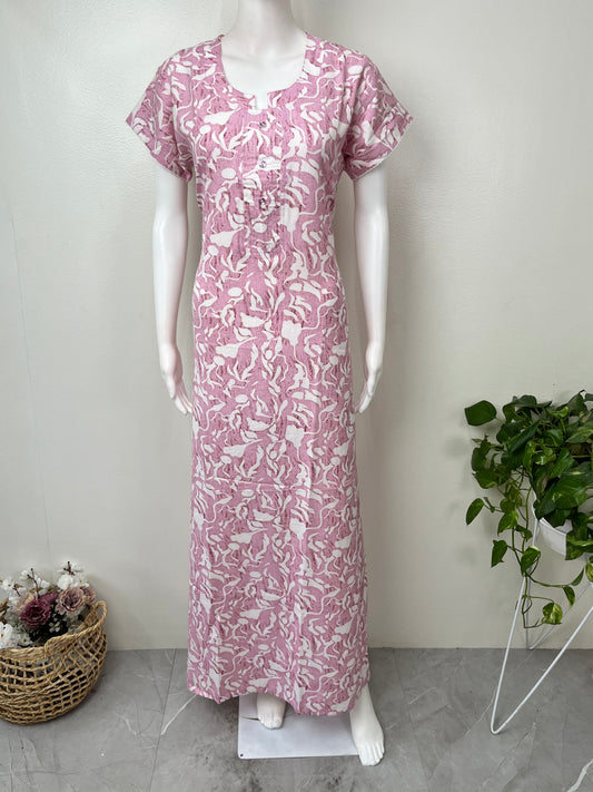 Baby Pink Printed Alpine Fabric Nighty For Women