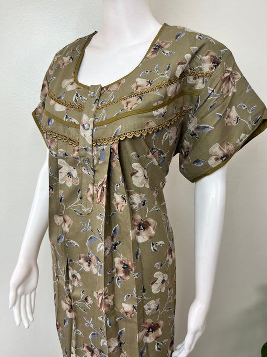 Olive Green Floral Printed Alpine Fabric Nightgown