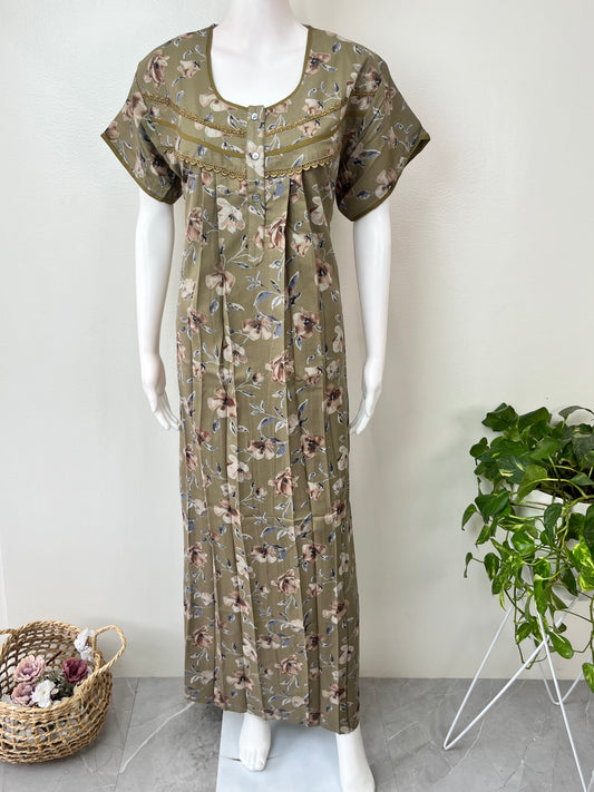 Olive Green Floral Printed Alpine Fabric Nightgown