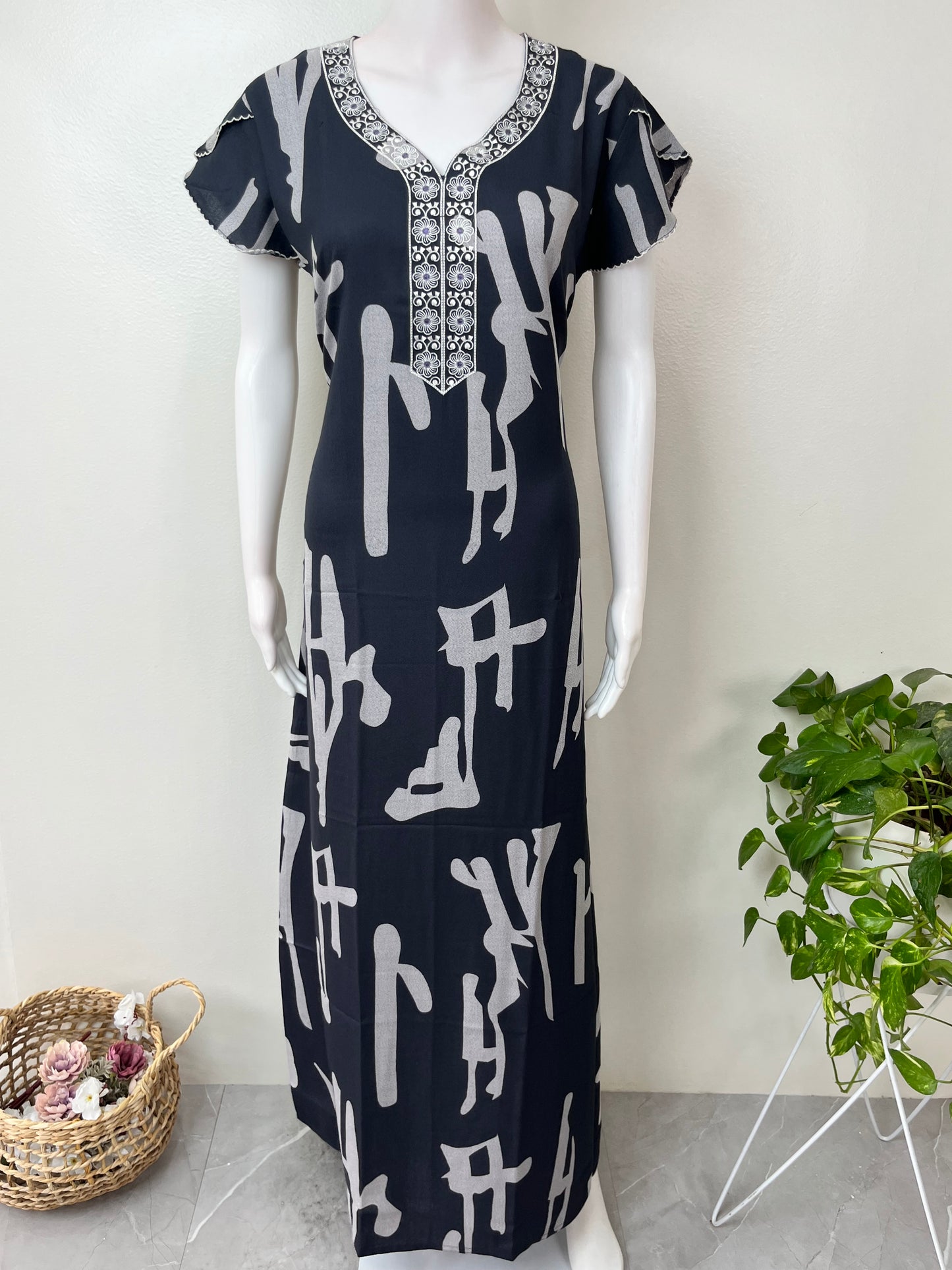 Charcoal Gray Embroidered Alpine Fabric Nighty