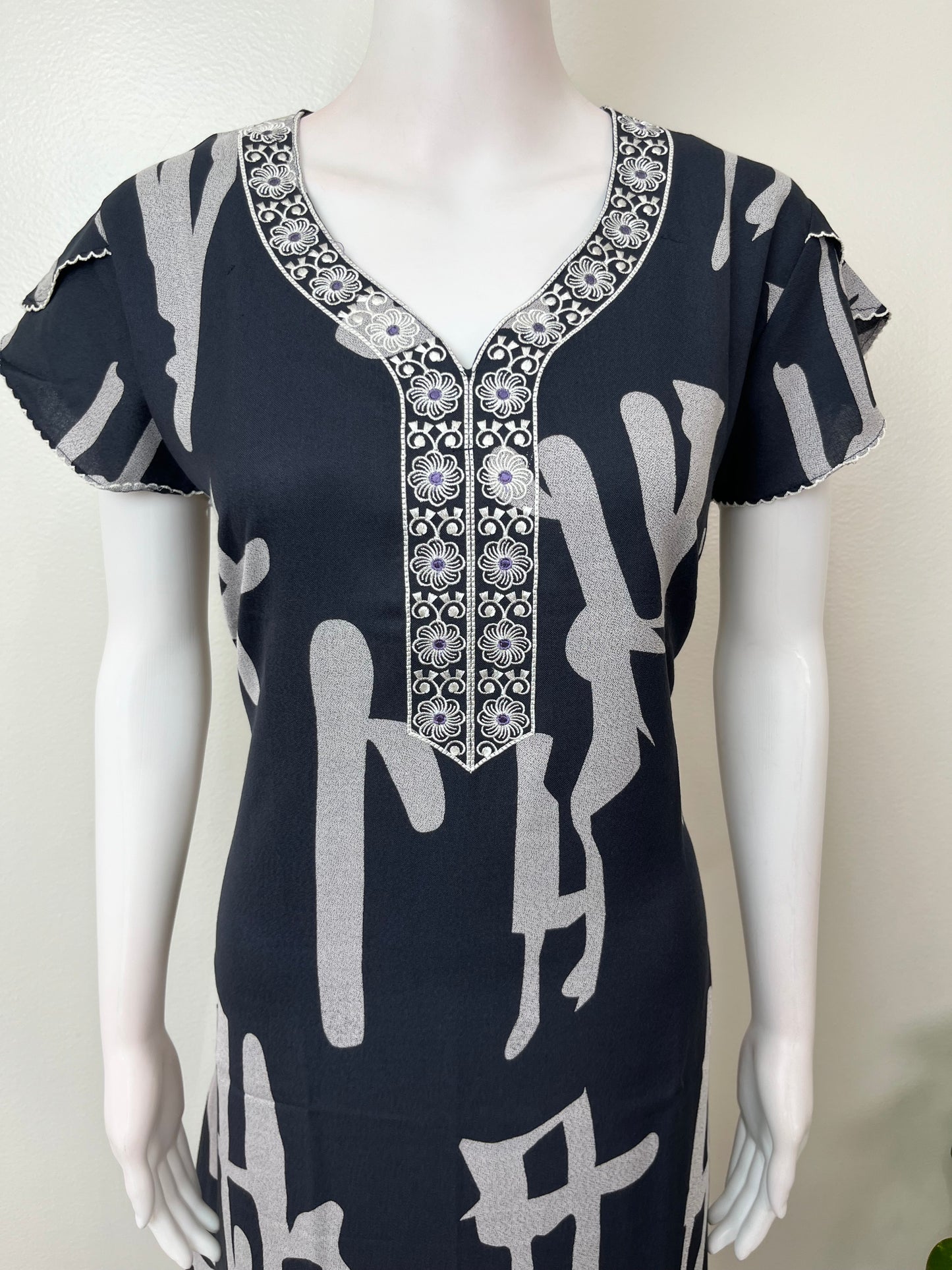 Charcoal Gray Embroidered Alpine Fabric Nighty