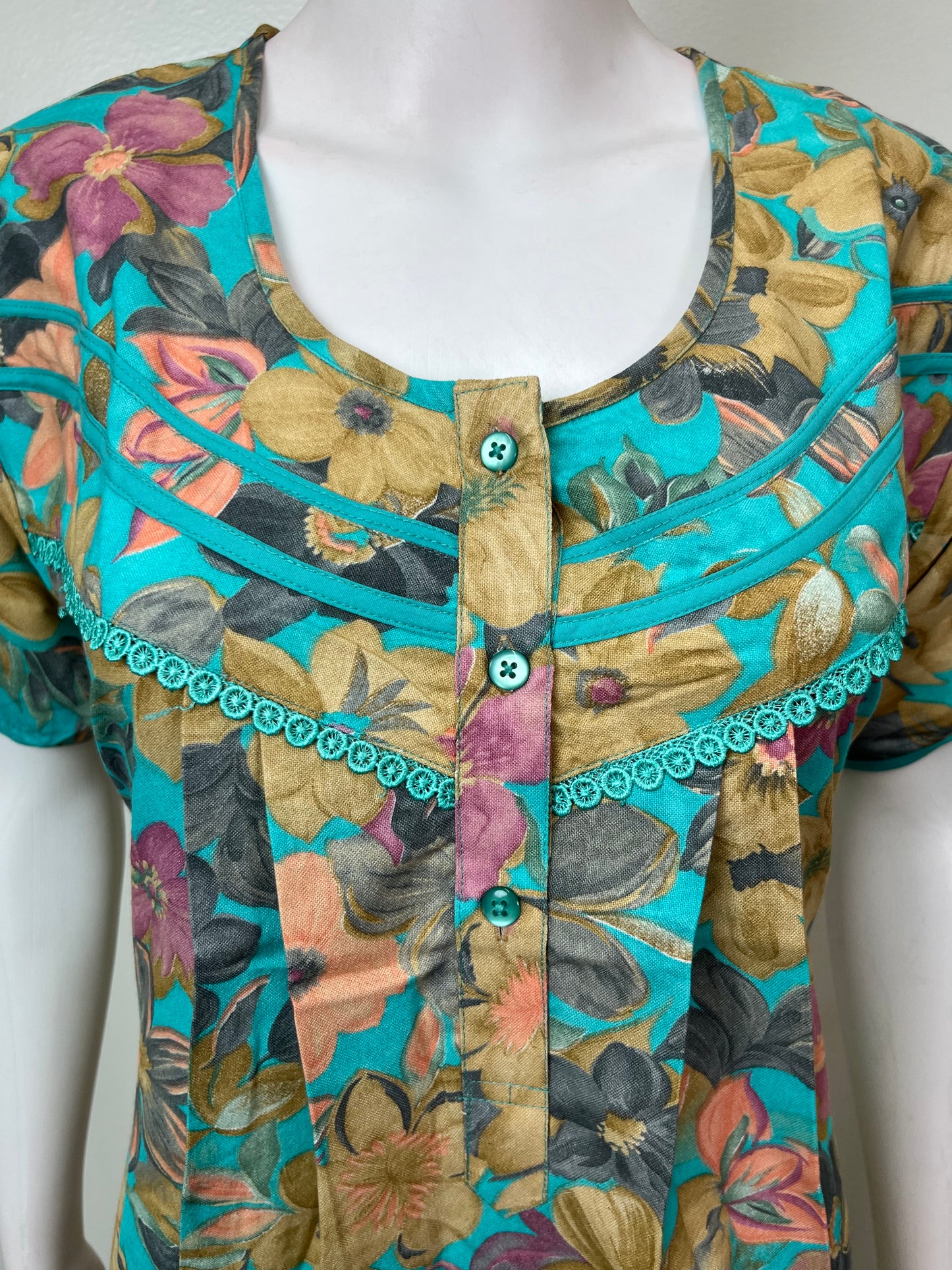 Teal Pleated Style Alpine Fabric Nightgown
