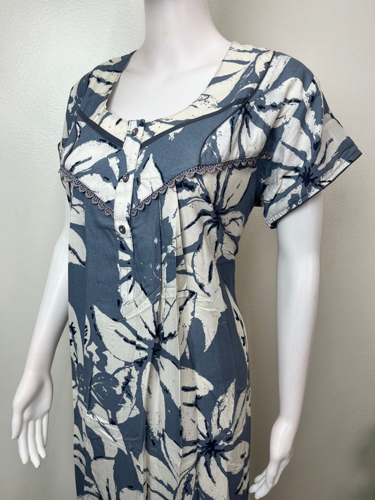 Blue Pleated Style Alpine Fabric Nighty for Women