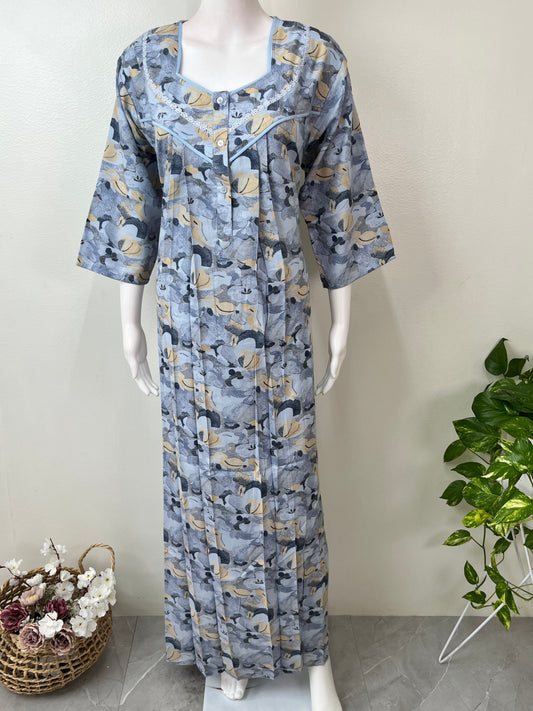 Sky Blue Printed Long Sleeves Alpine Fabric Nighty