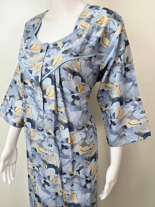 Sky Blue Printed Long Sleeves Alpine Fabric Nighty