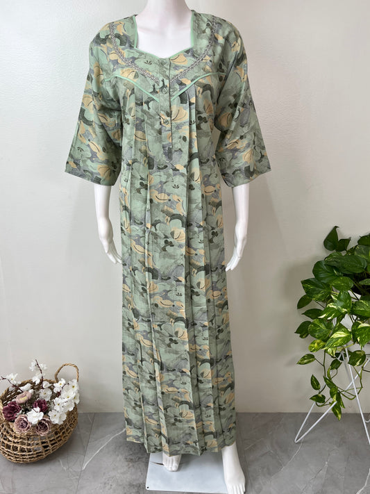 Green Printed 3/4th Sleeves Alpine Fabric Nighty