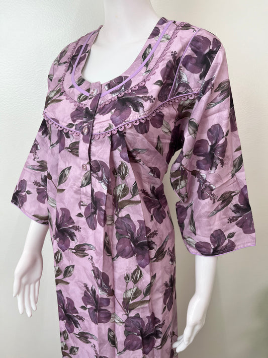 Pink 3/4th Sleeves Alpine Fabric Nightgown