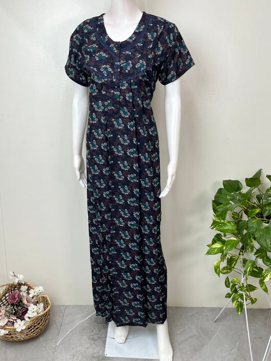 Navy Blue Printed Alpine Fabric Nightgown