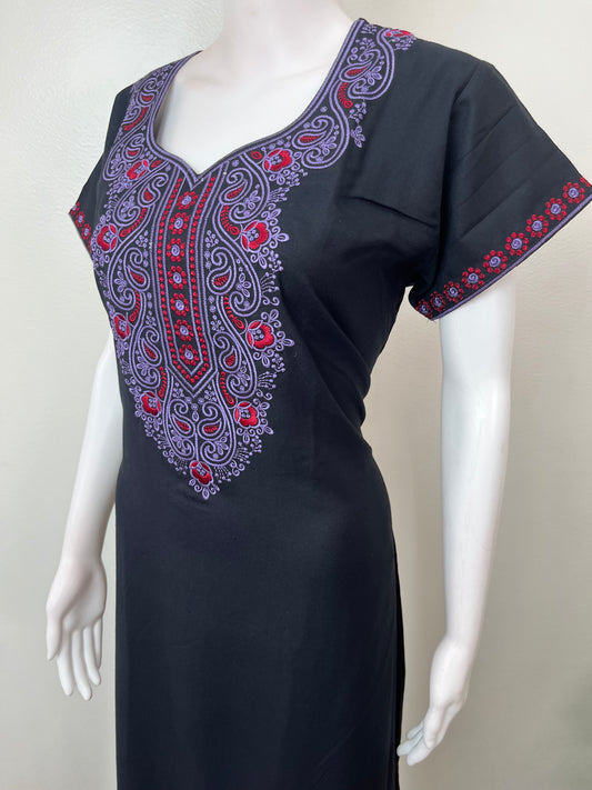 Black Graceful Alpine Fabric Nighty with Embroidery