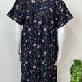 Navy Blue Floral Printed Alpine Fabric Nightgown