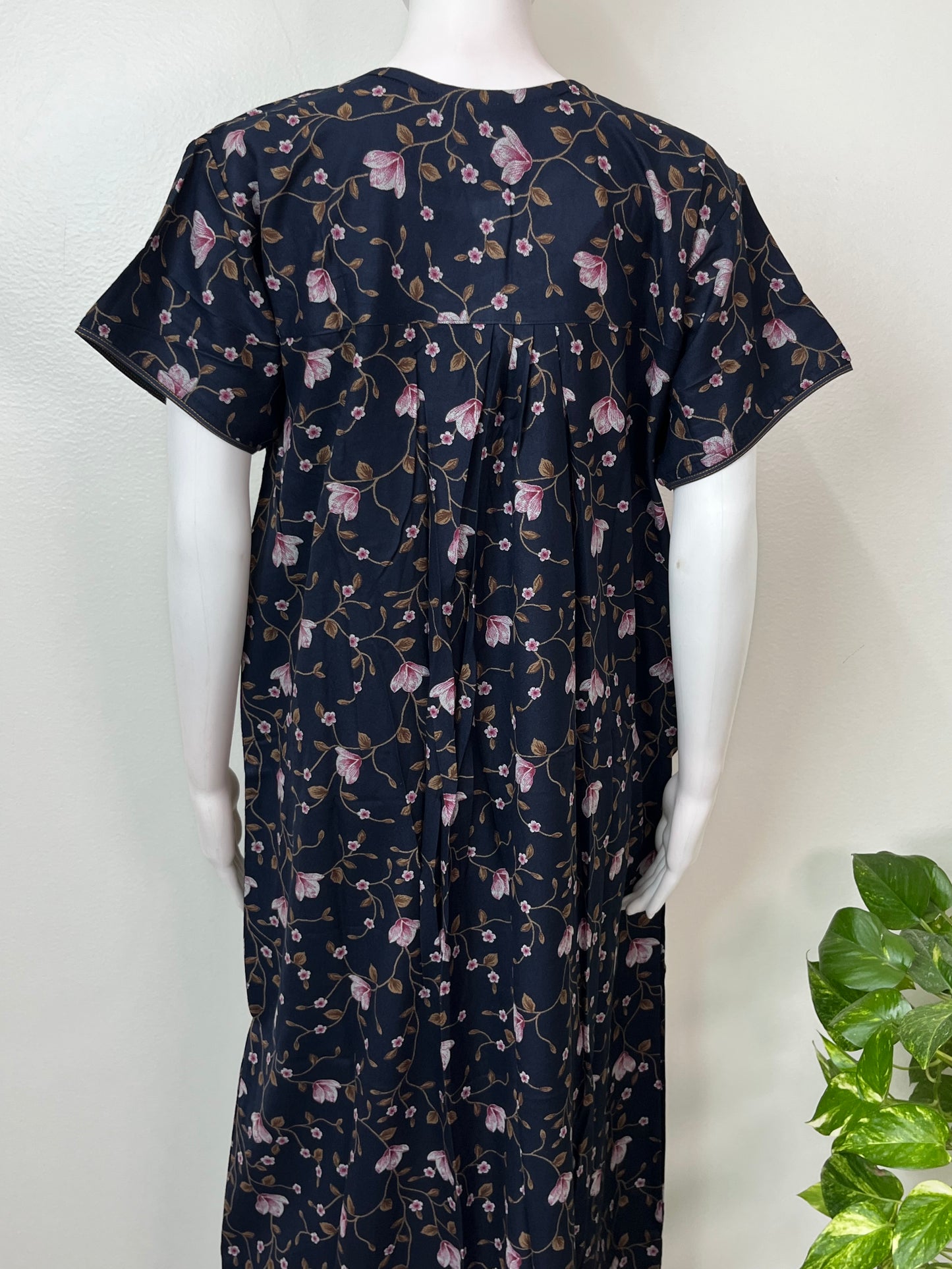 Navy Blue Floral Printed Alpine Fabric Nightgown