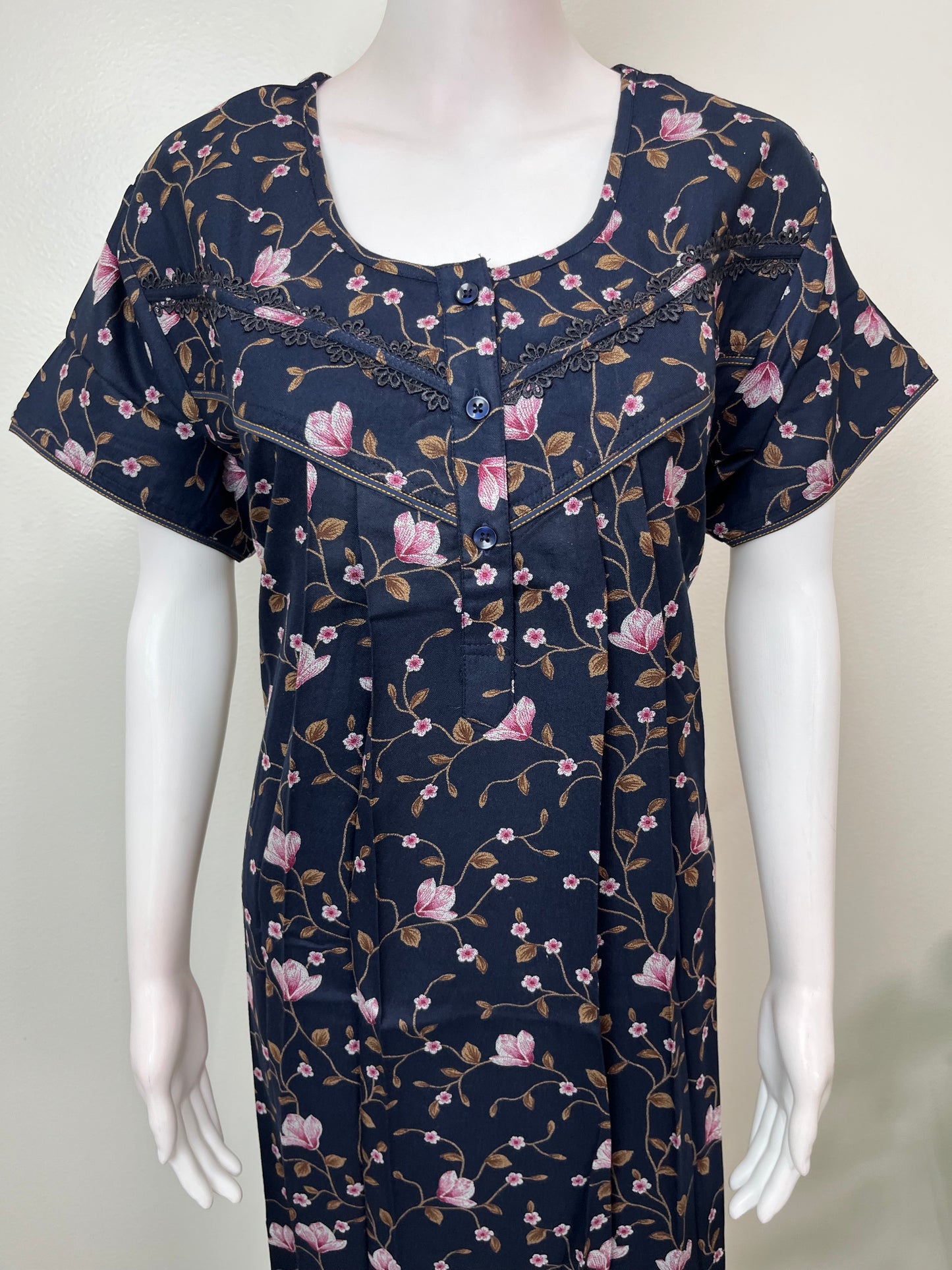 Navy Blue Floral Printed Alpine Fabric Nightgown