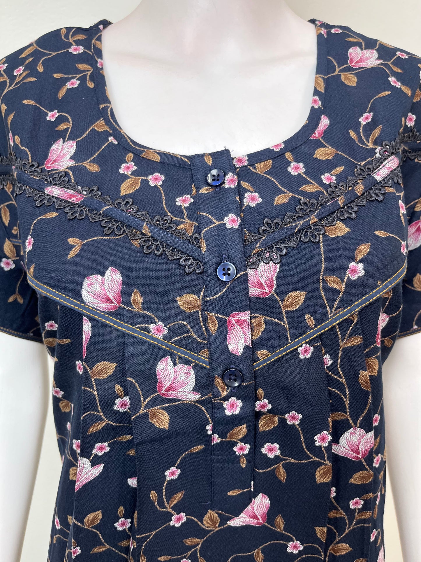 Navy Blue Floral Printed Alpine Fabric Nightgown