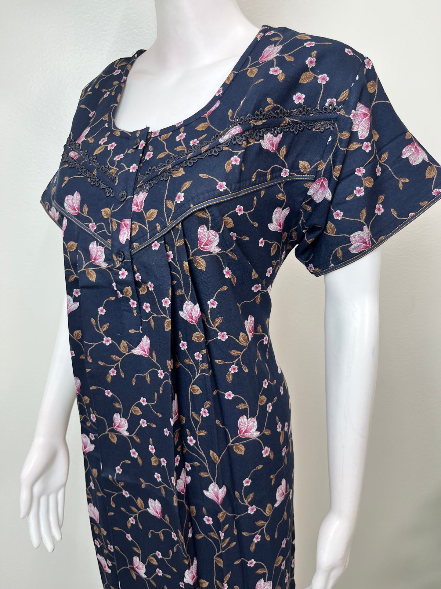 Navy Blue Floral Printed Alpine Fabric Nightgown