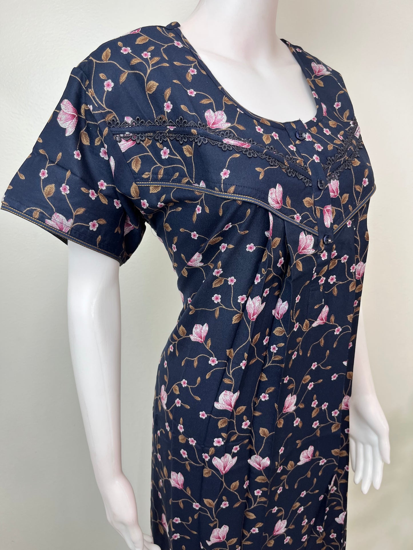 Navy Blue Floral Printed Alpine Fabric Nightgown