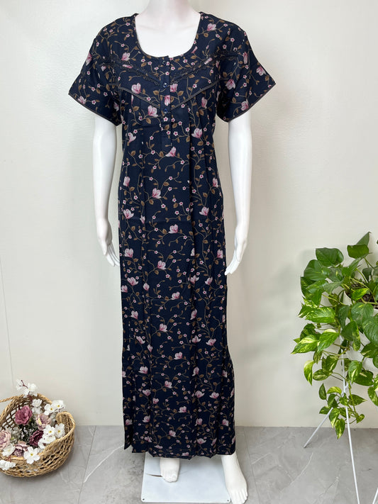 Navy Blue Floral Printed Alpine Fabric Nightgown