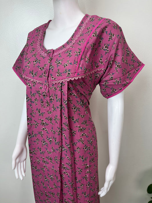 Dark Pink Pleated Style Alpine Fabric Nightgown