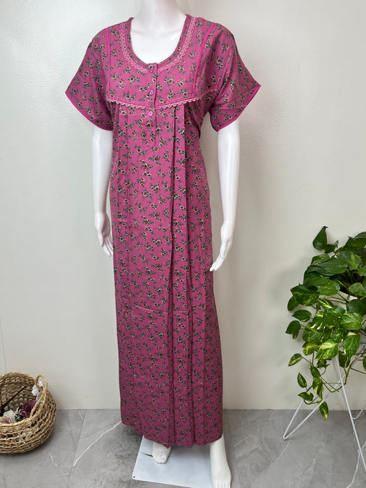 Dark Pink Pleated Style Alpine Fabric Nightgown
