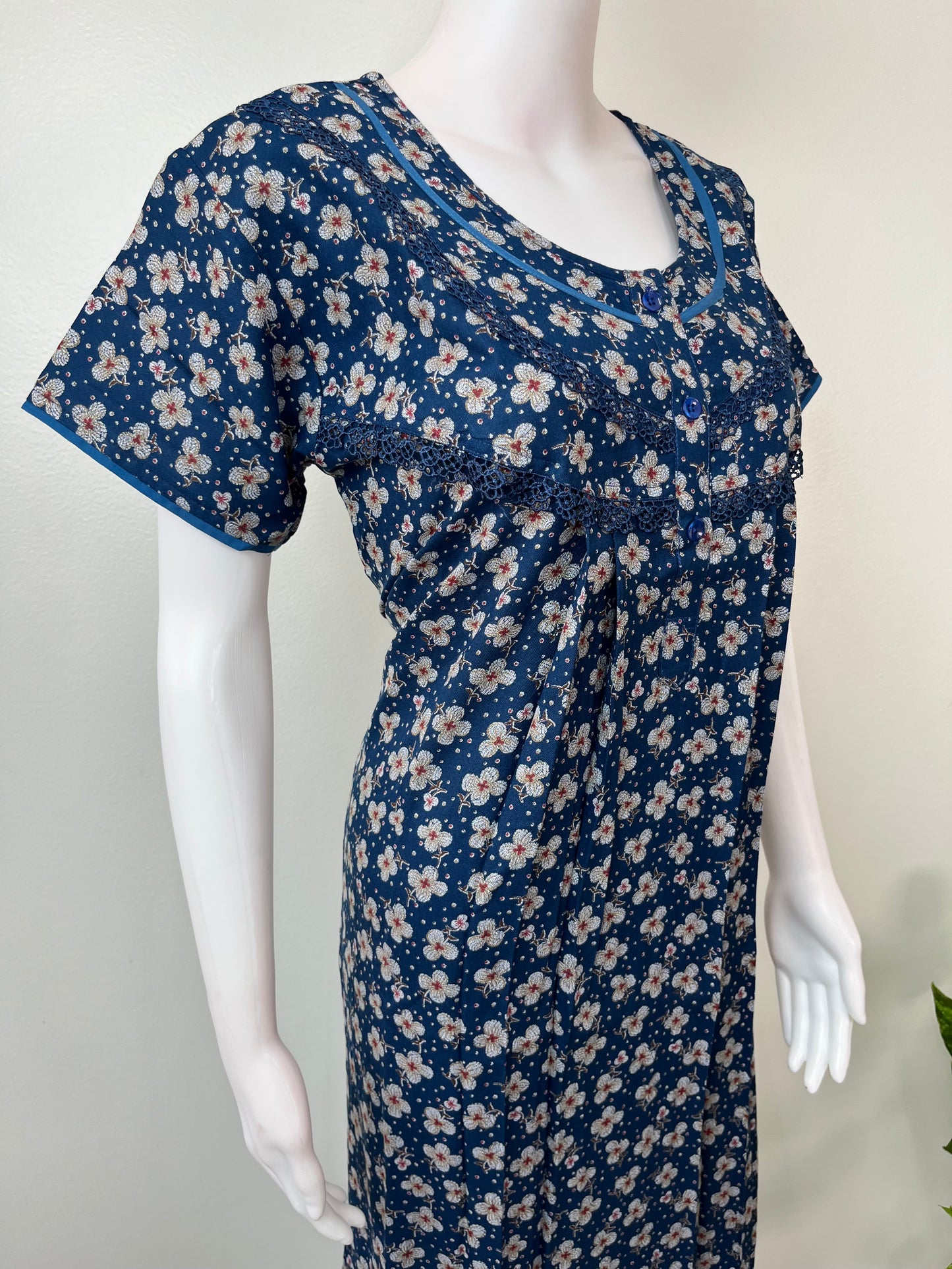 Royal Blue Pleated Style Alpine Fabric Nightgown