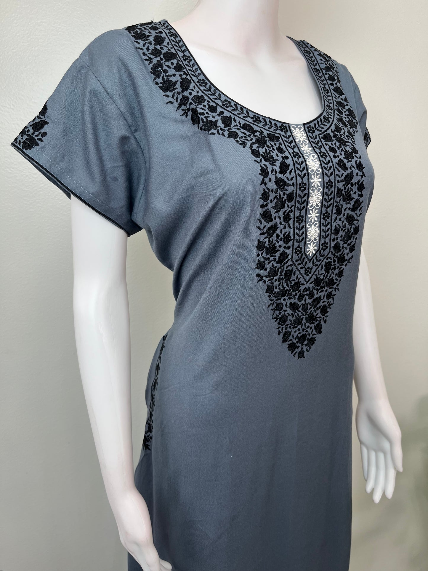 Charcoal Grey Delicate Embroidery Alpine Fabric Nightgown